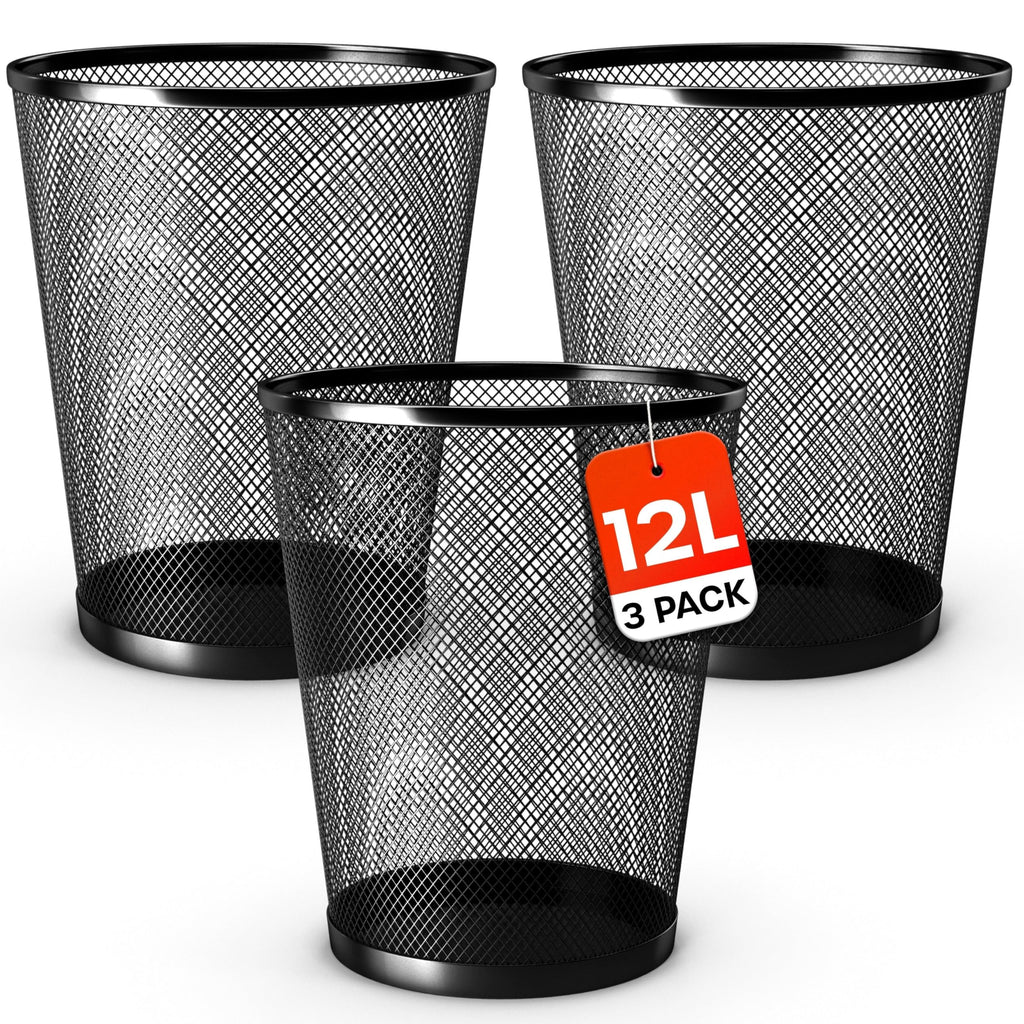 12L Black Metal Waste Bin 3-Pack for Office & Home