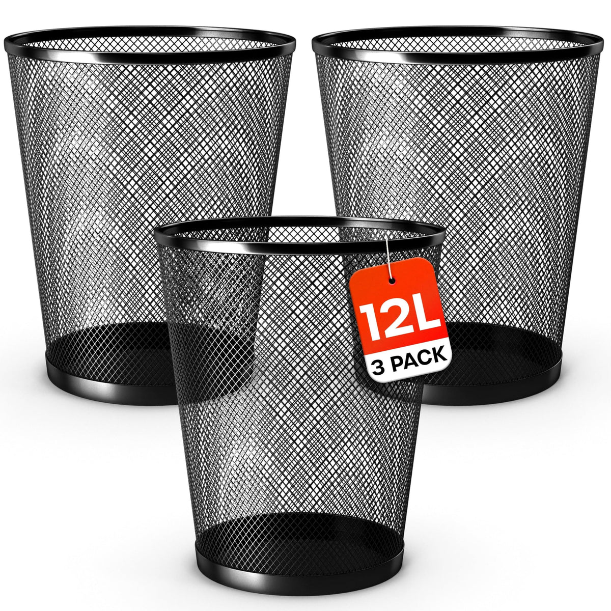 12L Black Metal Waste Bin 3-Pack for Office & Home
