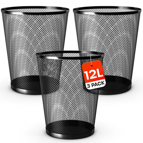 12L Black Metal Waste Bin 3-Pack for Office & Home