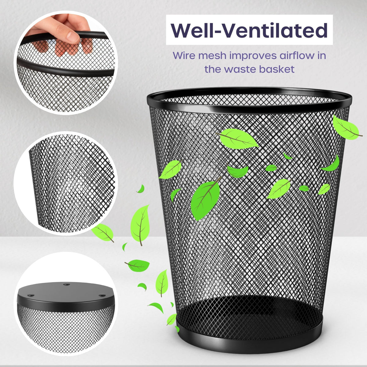 12L Black Metal Waste Bin 3-Pack for Office & Home