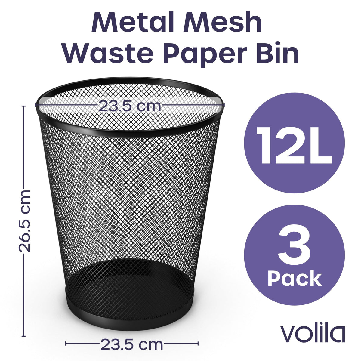 12L Black Metal Waste Bin 3-Pack for Office & Home