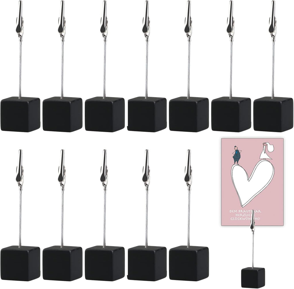 12PCS Wooden Photo Holders with Black Clips and Cube Stands