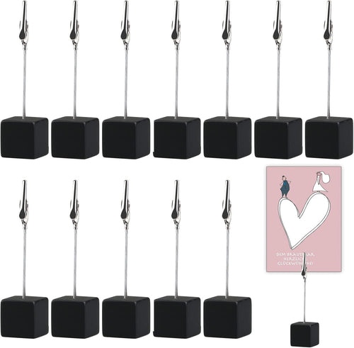 12PCS Wooden Photo Holders with Black Clips and Cube Stands