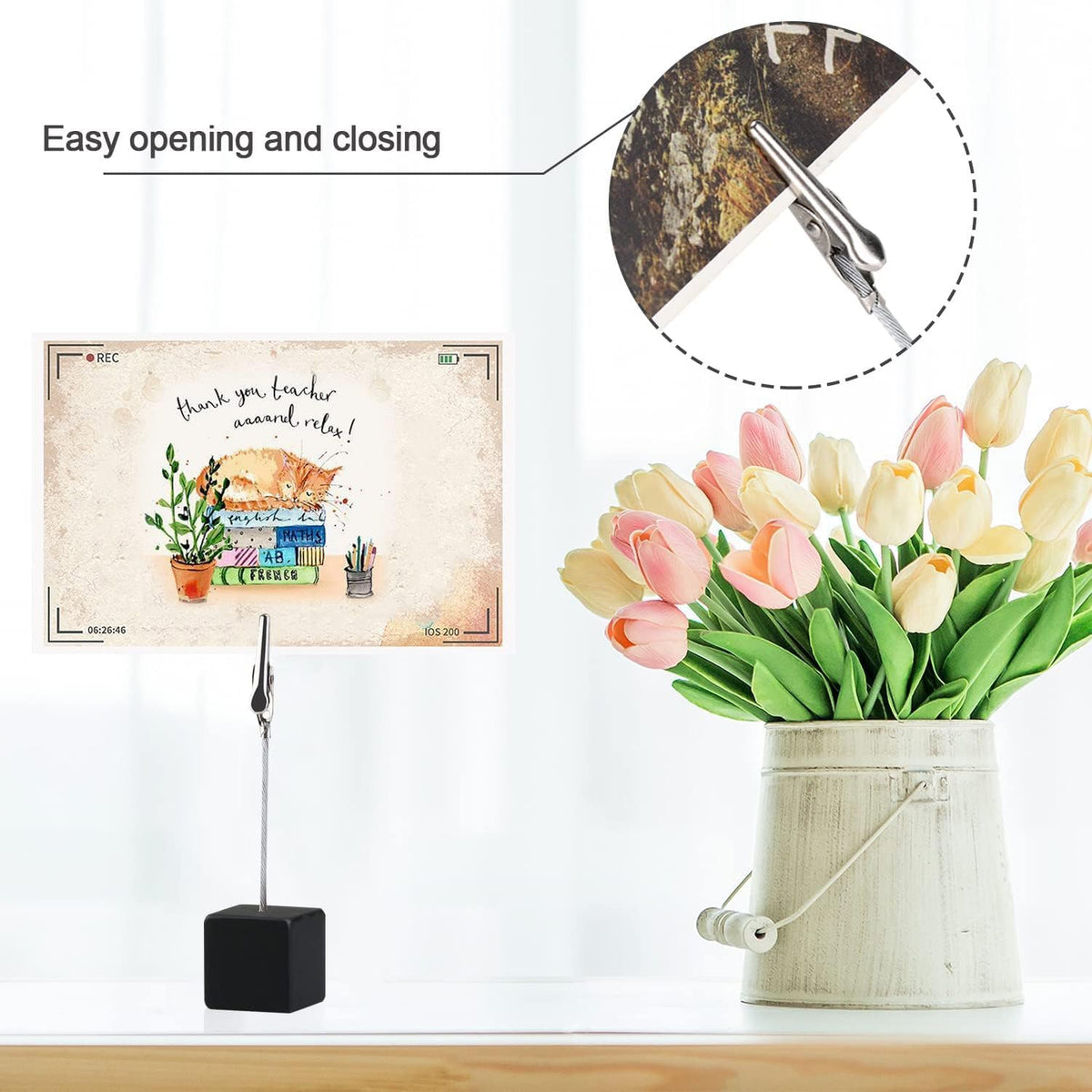 12PCS Wooden Photo Holders with Black Clips and Cube Stands