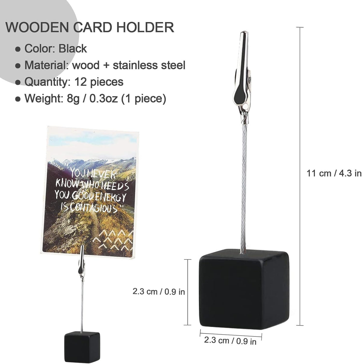 12PCS Wooden Photo Holders with Black Clips and Cube Stands