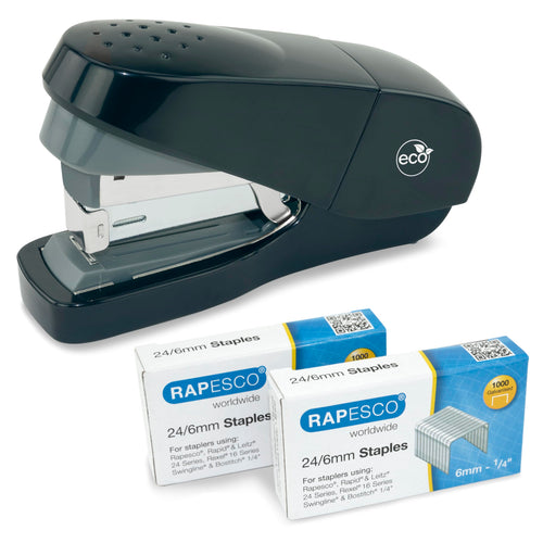 1688 ECO Flat-Clinch Less Effort Stapler with 2000 Staples, Black