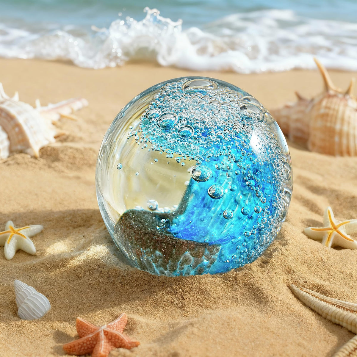 2.3-inch Hand-Blown Ocean Wave Crystal Ball Paperweight