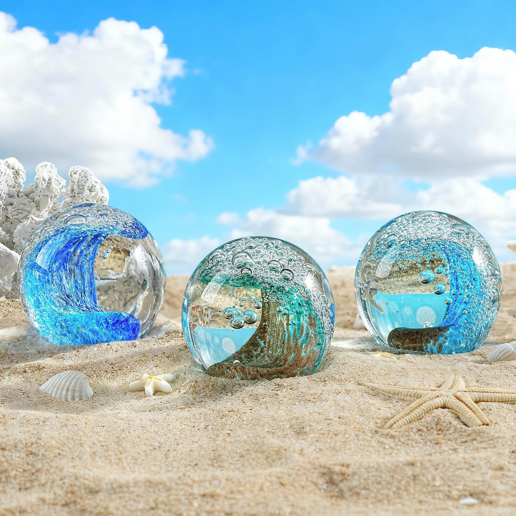 2.3-inch Hand-Blown Ocean Wave Crystal Ball Paperweight