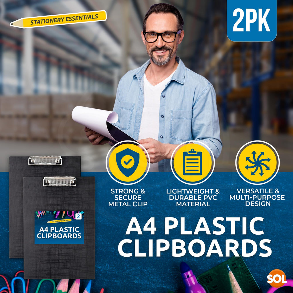 2pc A4 Plastic Clipboard Set — Black, Low-Profile Metal Clip