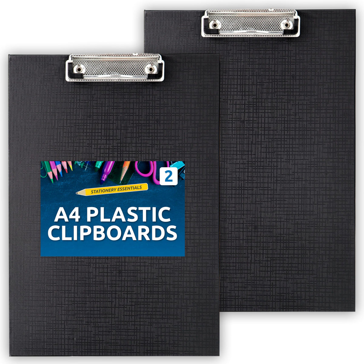 2pc A4 Plastic Clipboard Set — Black, Low-Profile Metal Clip