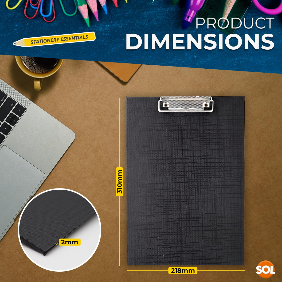 2pc A4 Plastic Clipboard Set — Black, Low-Profile Metal Clip