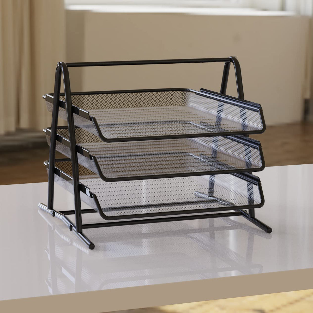 3-Level Black Metal Mesh Document Tray – A4 Desk Organizer