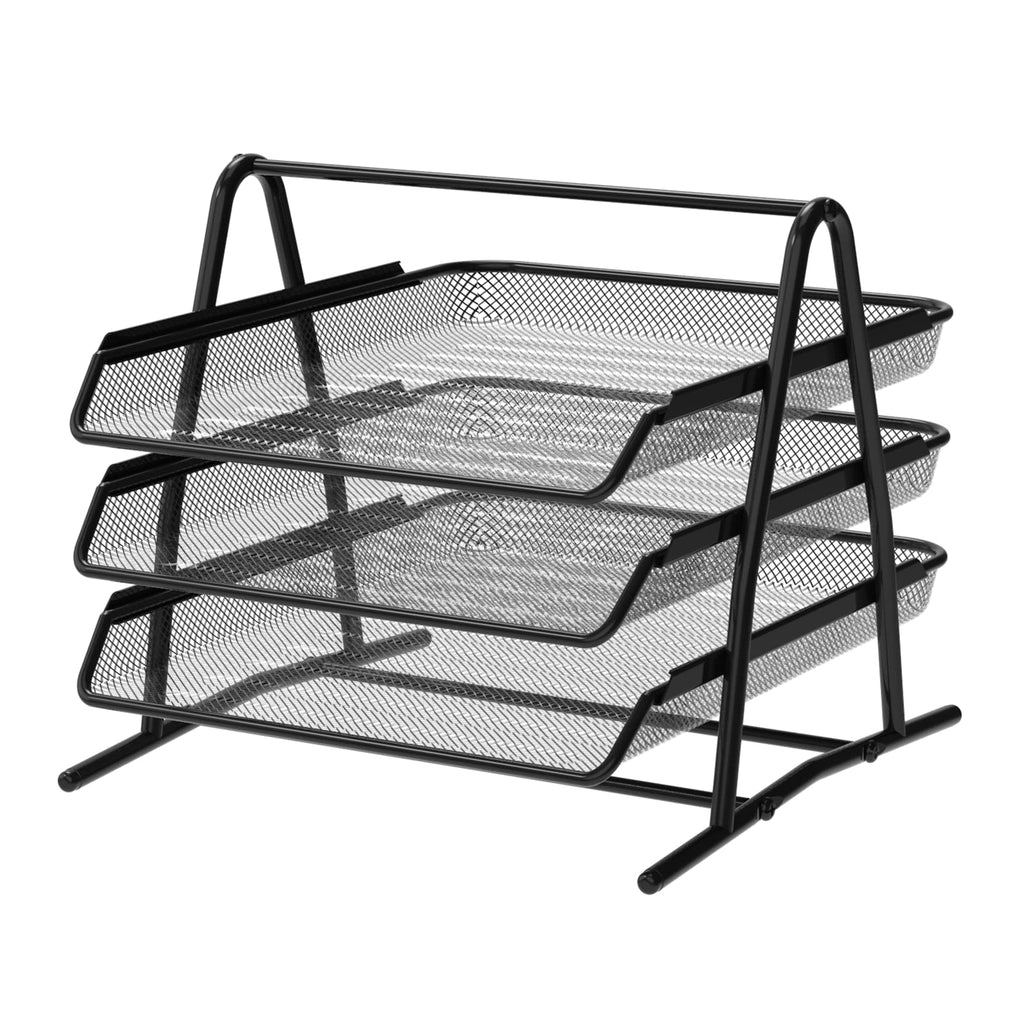 3-Level Black Metal Mesh Document Tray – A4 Desk Organizer