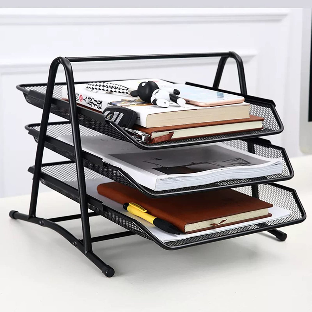 3-Level Black Metal Mesh Document Tray – A4 Desk Organizer