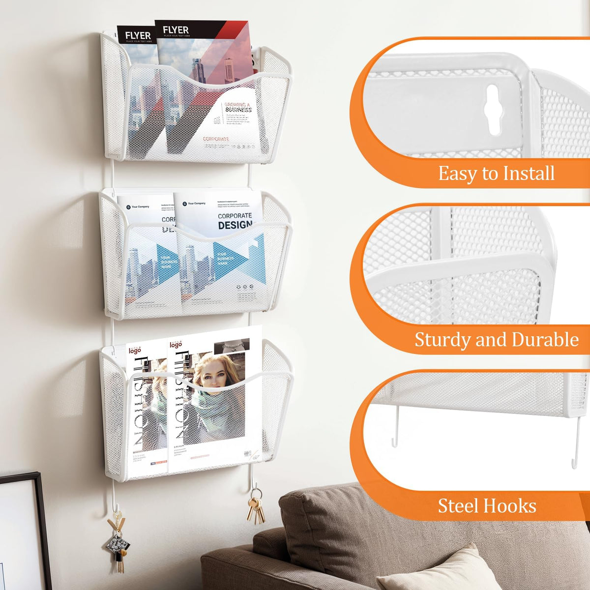 3-Pack Wall-Mount Mesh Metal File Holders, White