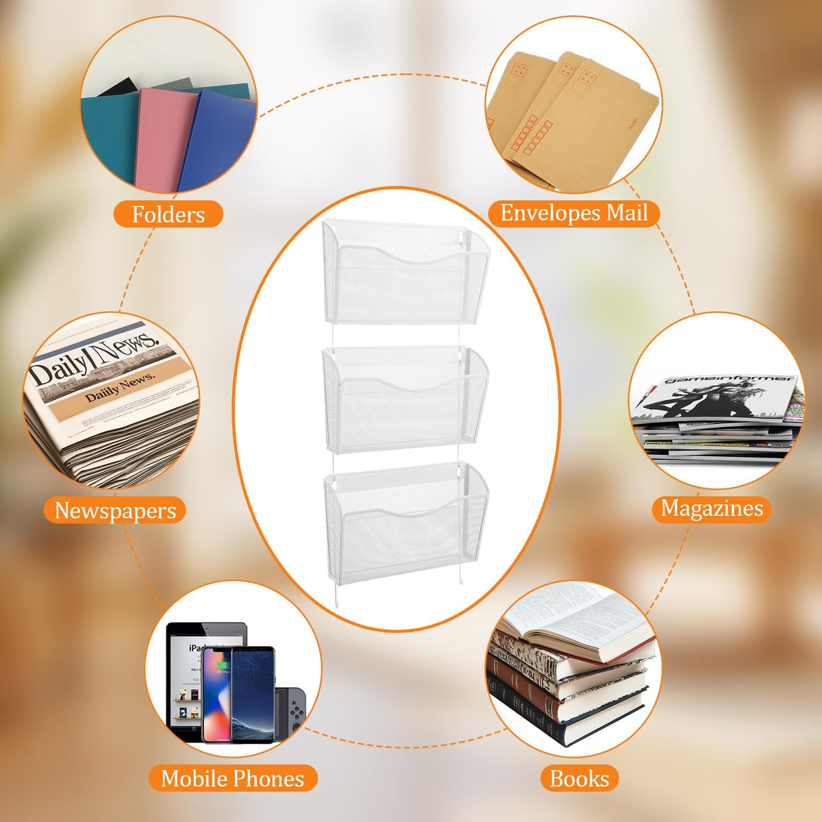3-Pack Wall-Mount Mesh Metal File Holders, White