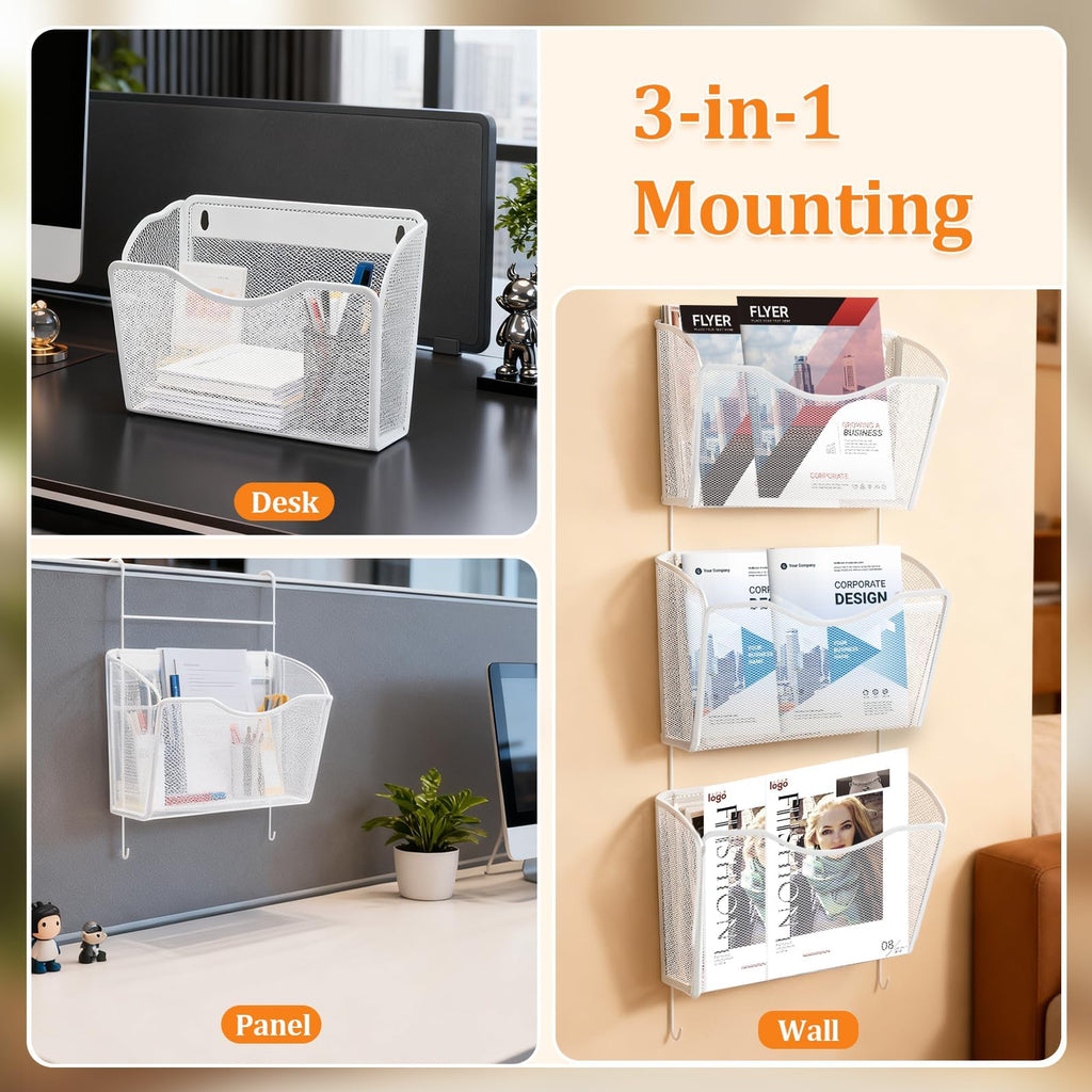 3-Pack Wall-Mount Mesh Metal File Holders, White