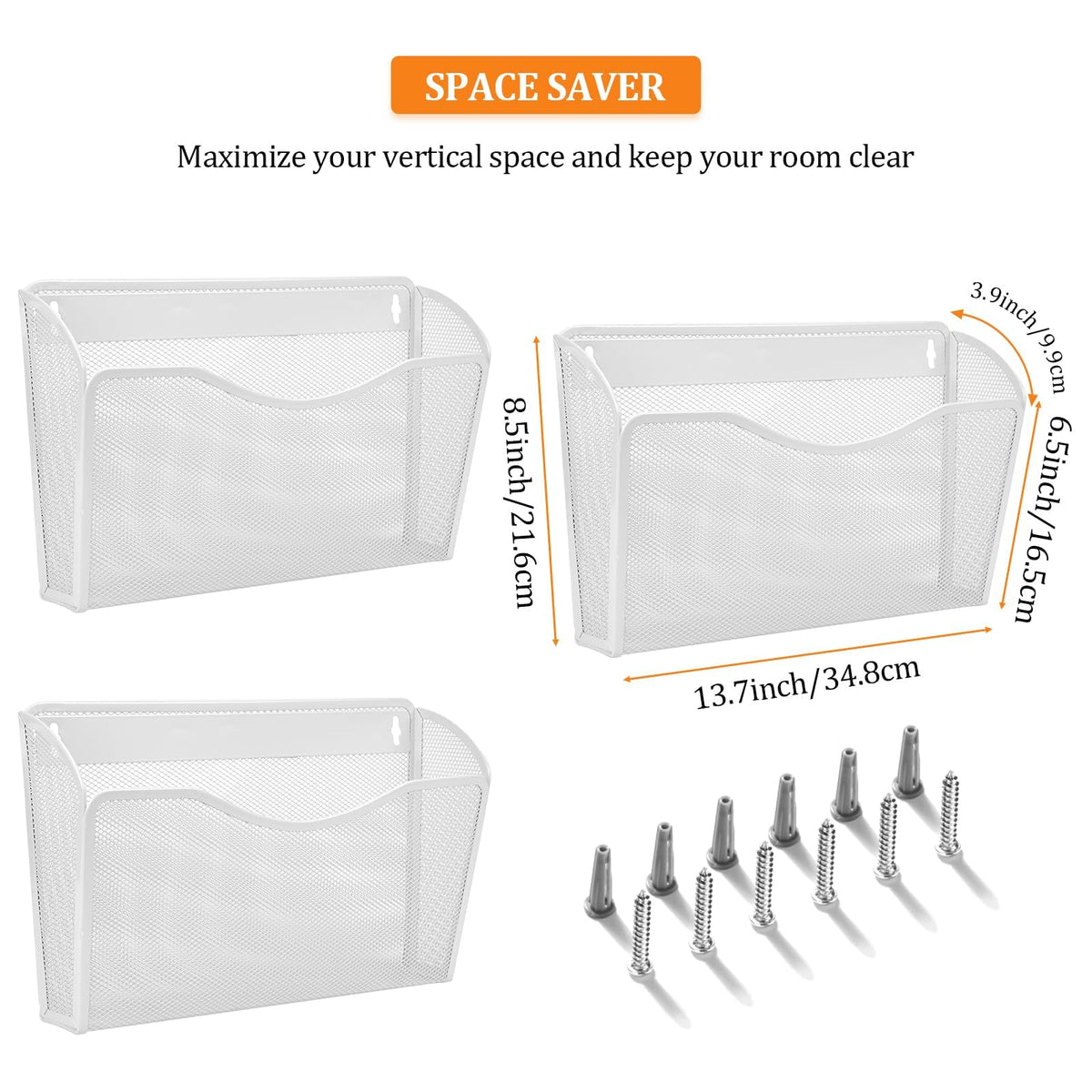 3-Pack Wall-Mount Mesh Metal File Holders, White