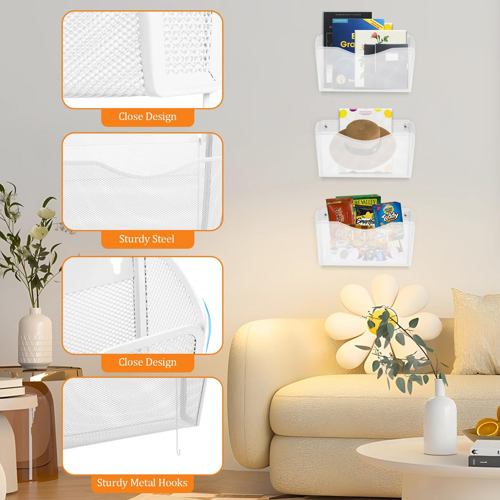 3-Pack Wall-Mount Mesh Metal File Holders, White