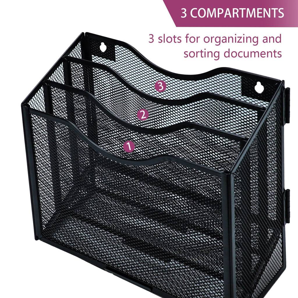 3-Tier A4 Mesh In-Tray Magazine File Holder, Metal Desk & Wall Organizer, Black