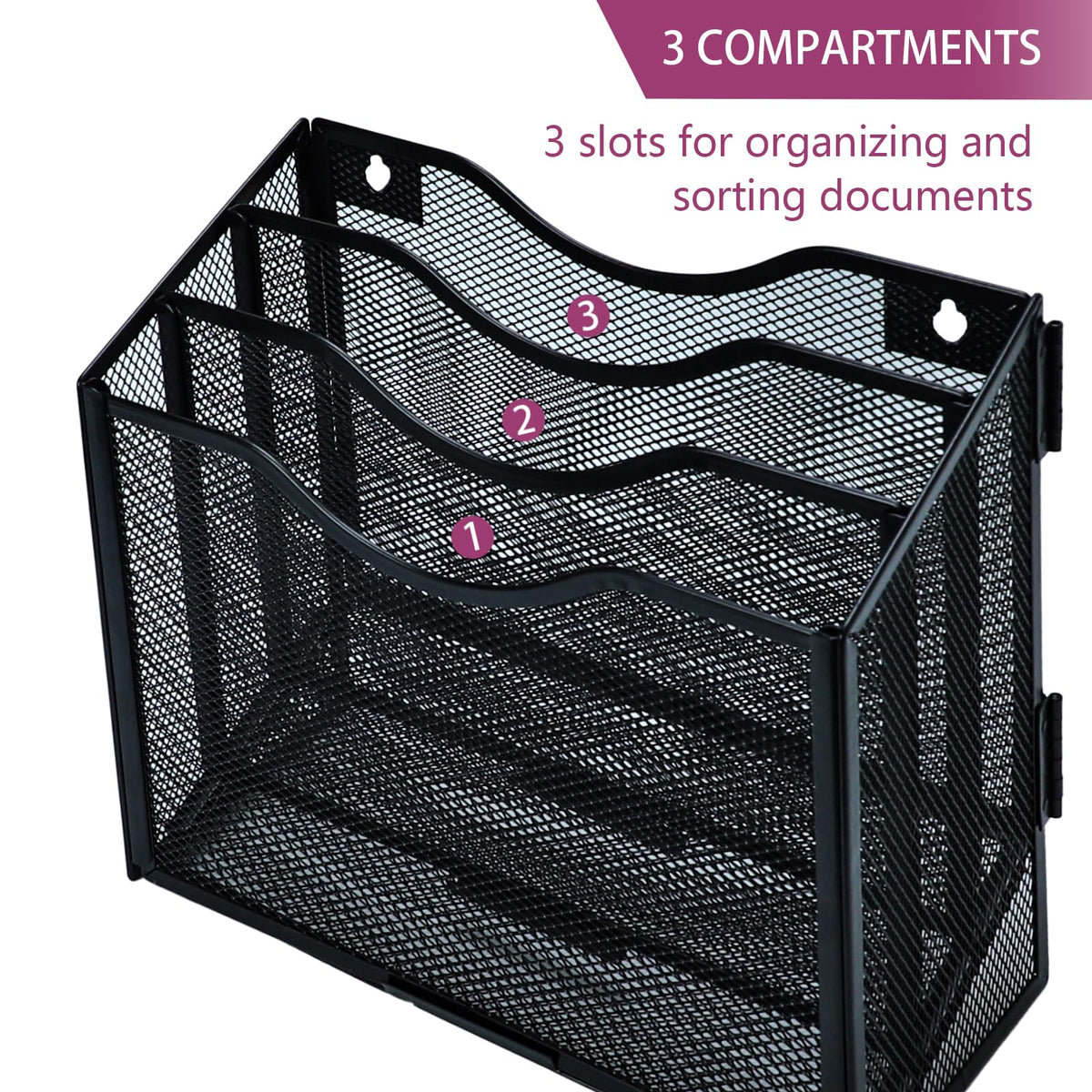 3-Tier A4 Mesh In-Tray Magazine File Holder, Metal Desk & Wall Organizer, Black