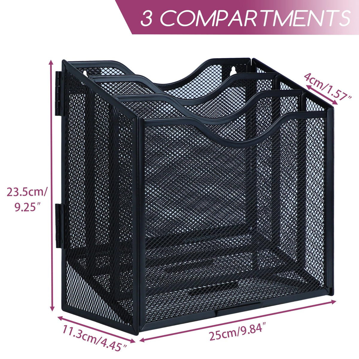 3-Tier A4 Mesh In-Tray Magazine File Holder, Metal Desk & Wall Organizer, Black