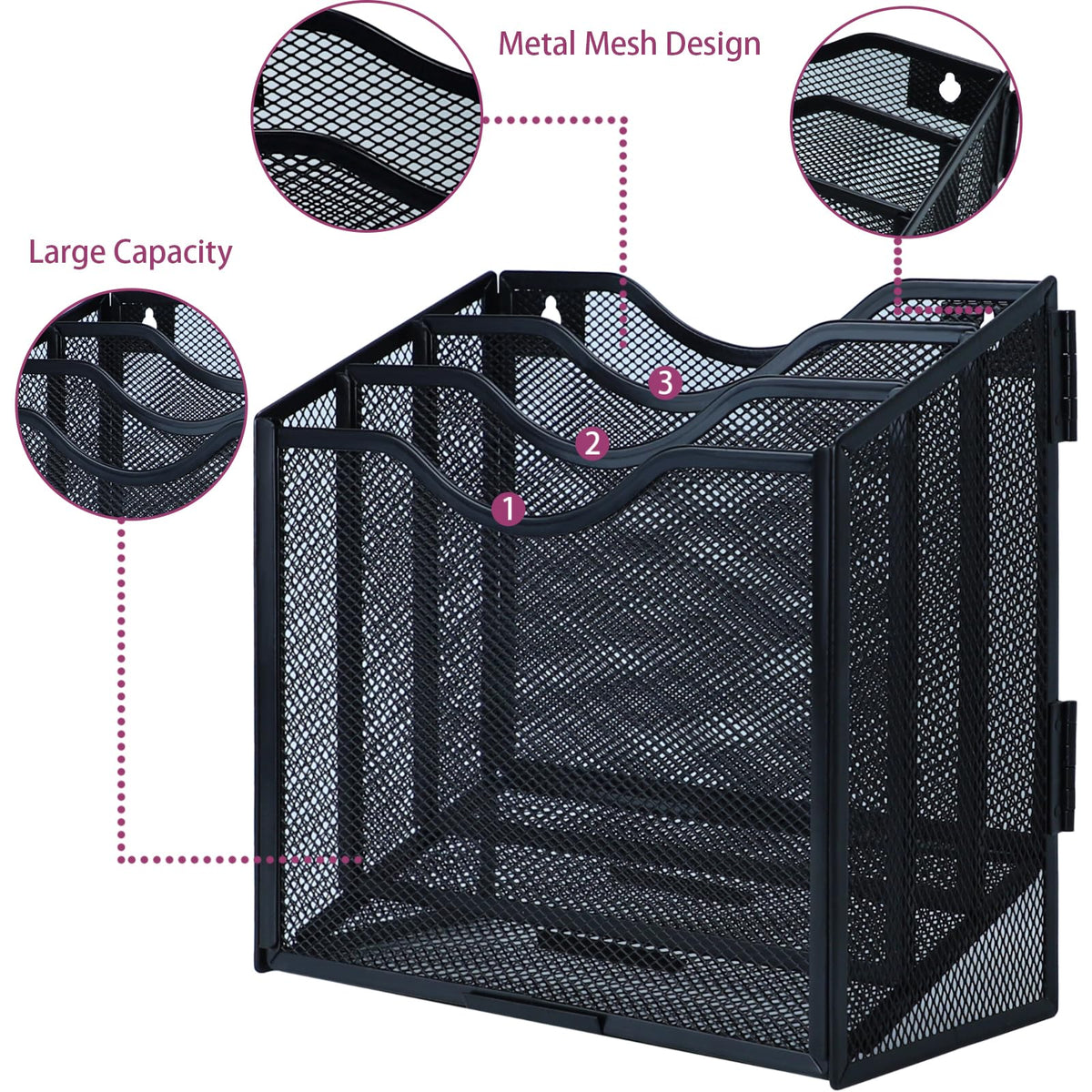 3-Tier A4 Mesh In-Tray Magazine File Holder, Metal Desk & Wall Organizer, Black