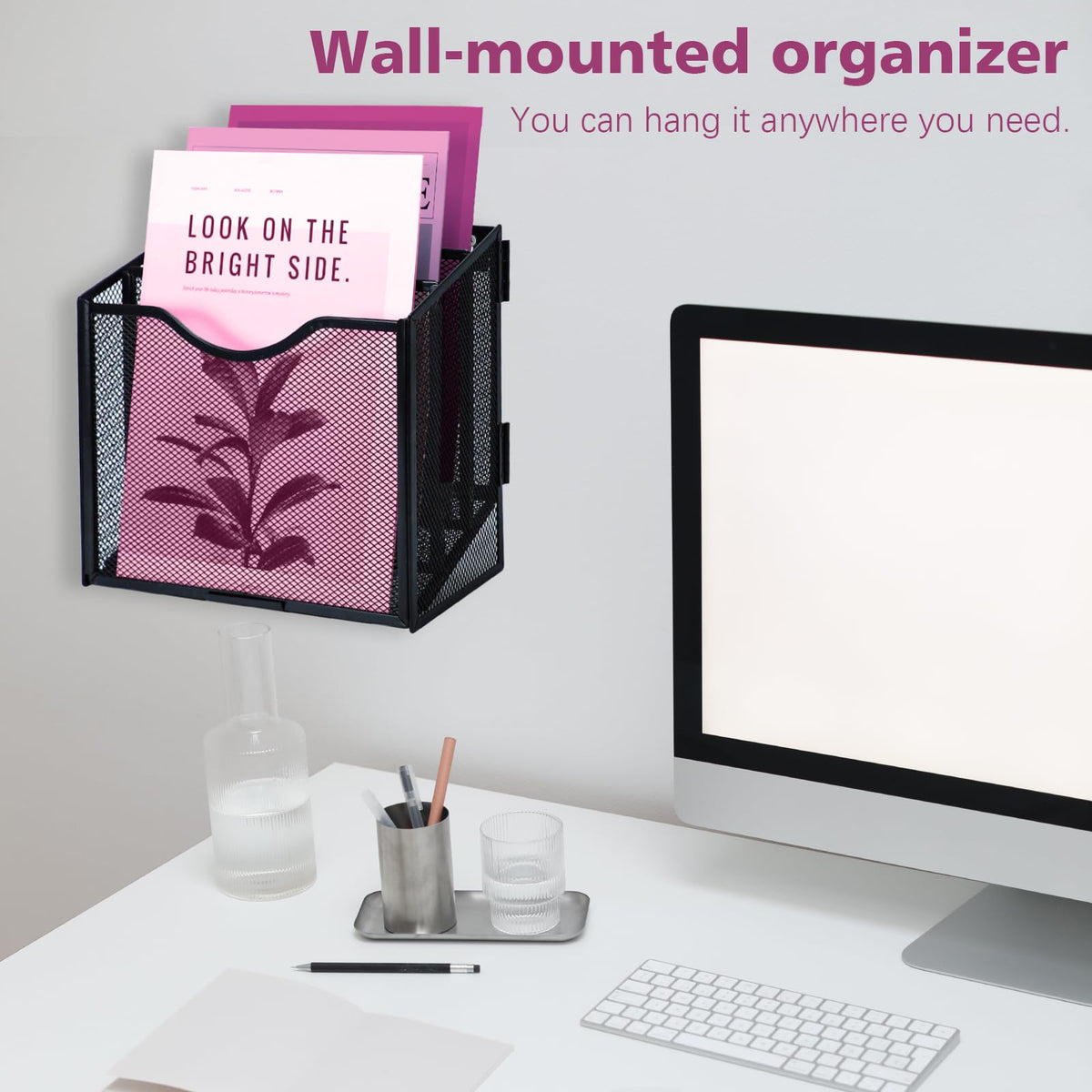 3-Tier A4 Mesh In-Tray Magazine File Holder, Metal Desk & Wall Organizer, Black