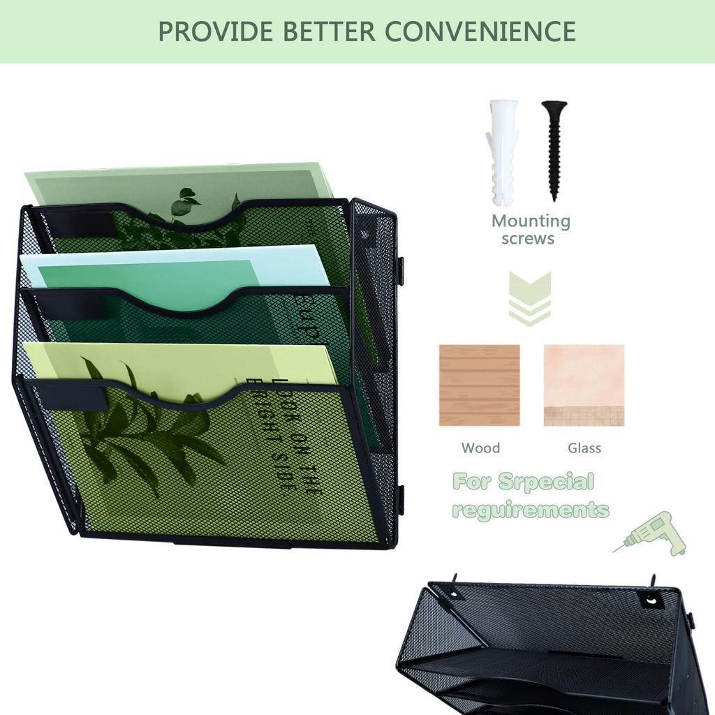 3-Tier Mesh Hanging Wall File Organizer Vertical File Holder Black