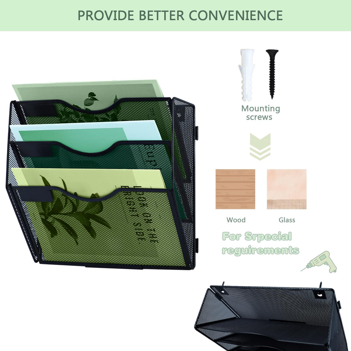 3-Tier Mesh Hanging Wall File Organizer Vertical File Holder Black