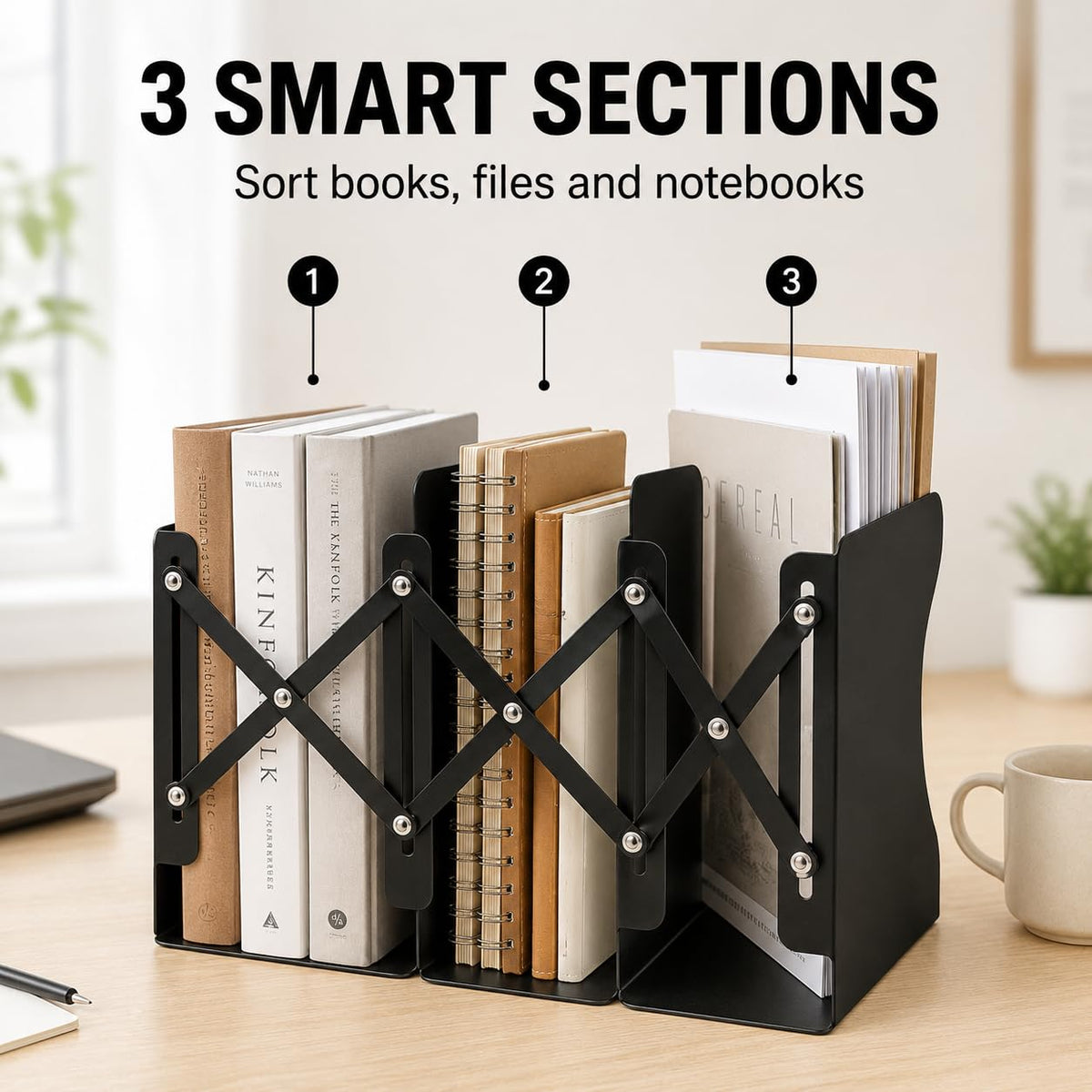 3-Zone Adjustable Metal Book Organizer — Heavy-Duty Slide Bookends 15–50cm (Black)