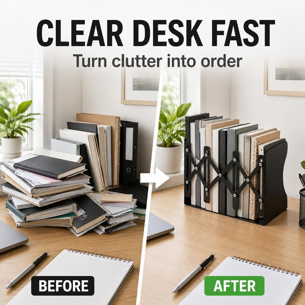3-Zone Adjustable Metal Book Organizer — Heavy-Duty Slide Bookends 15–50cm (Black)