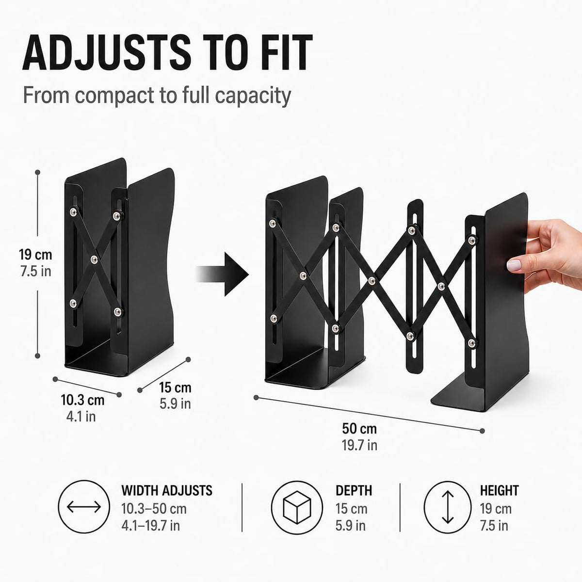 3-Zone Adjustable Metal Book Organizer — Heavy-Duty Slide Bookends 15–50cm (Black)