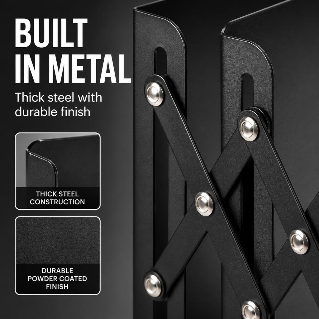 3-Zone Adjustable Metal Book Organizer — Heavy-Duty Slide Bookends 15–50cm (Black)
