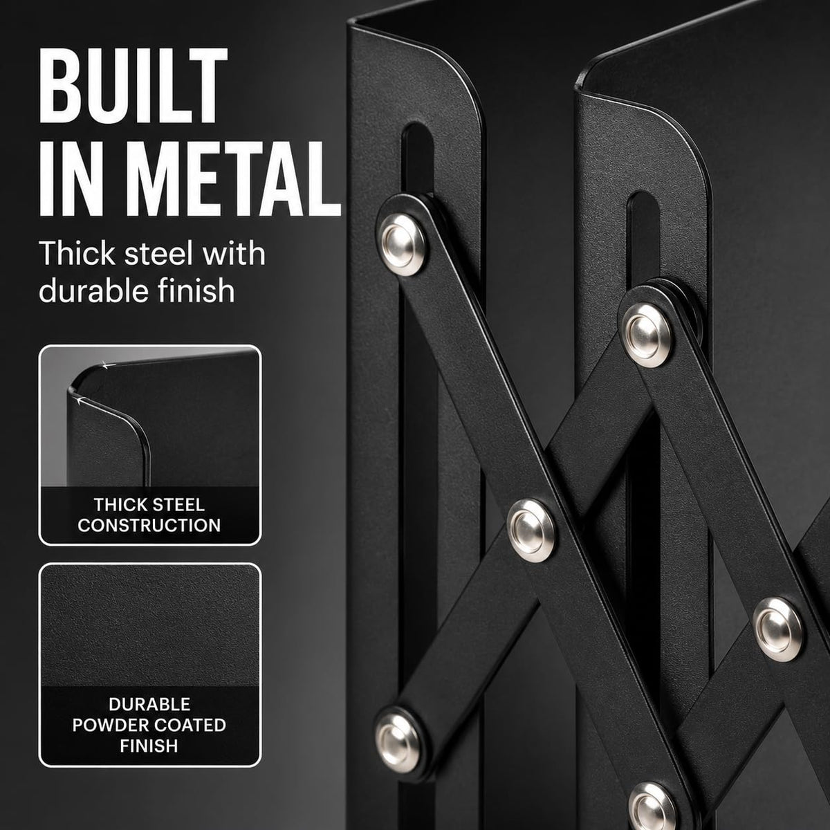 3-Zone Adjustable Metal Book Organizer — Heavy-Duty Slide Bookends 15–50cm (Black)