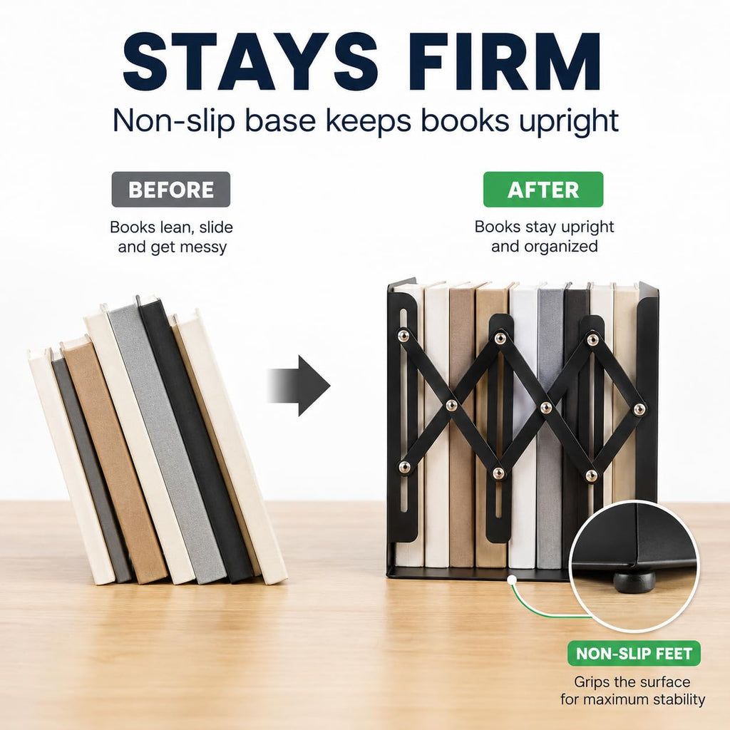 3-Zone Adjustable Metal Book Organizer — Heavy-Duty Slide Bookends 15–50cm (Black)