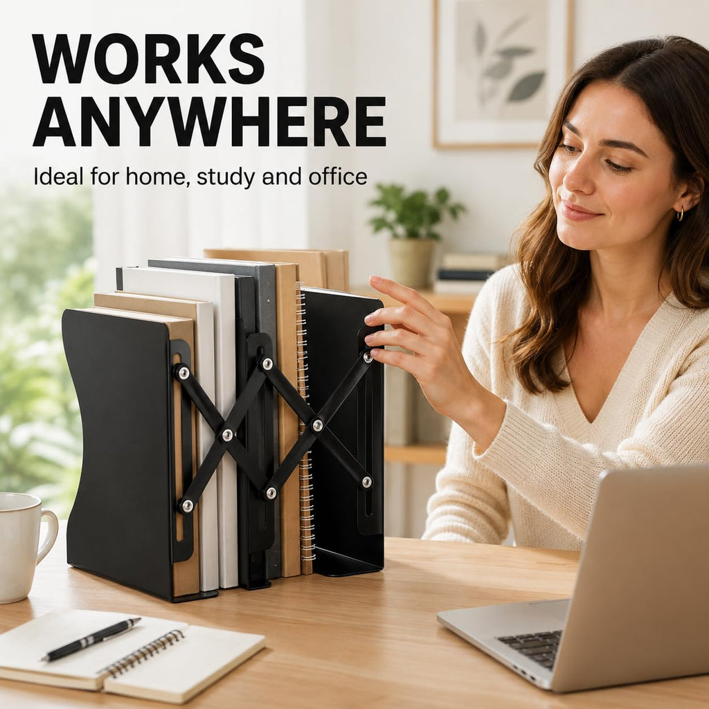 3-Zone Adjustable Metal Book Organizer — Heavy-Duty Slide Bookends 15–50cm (Black)