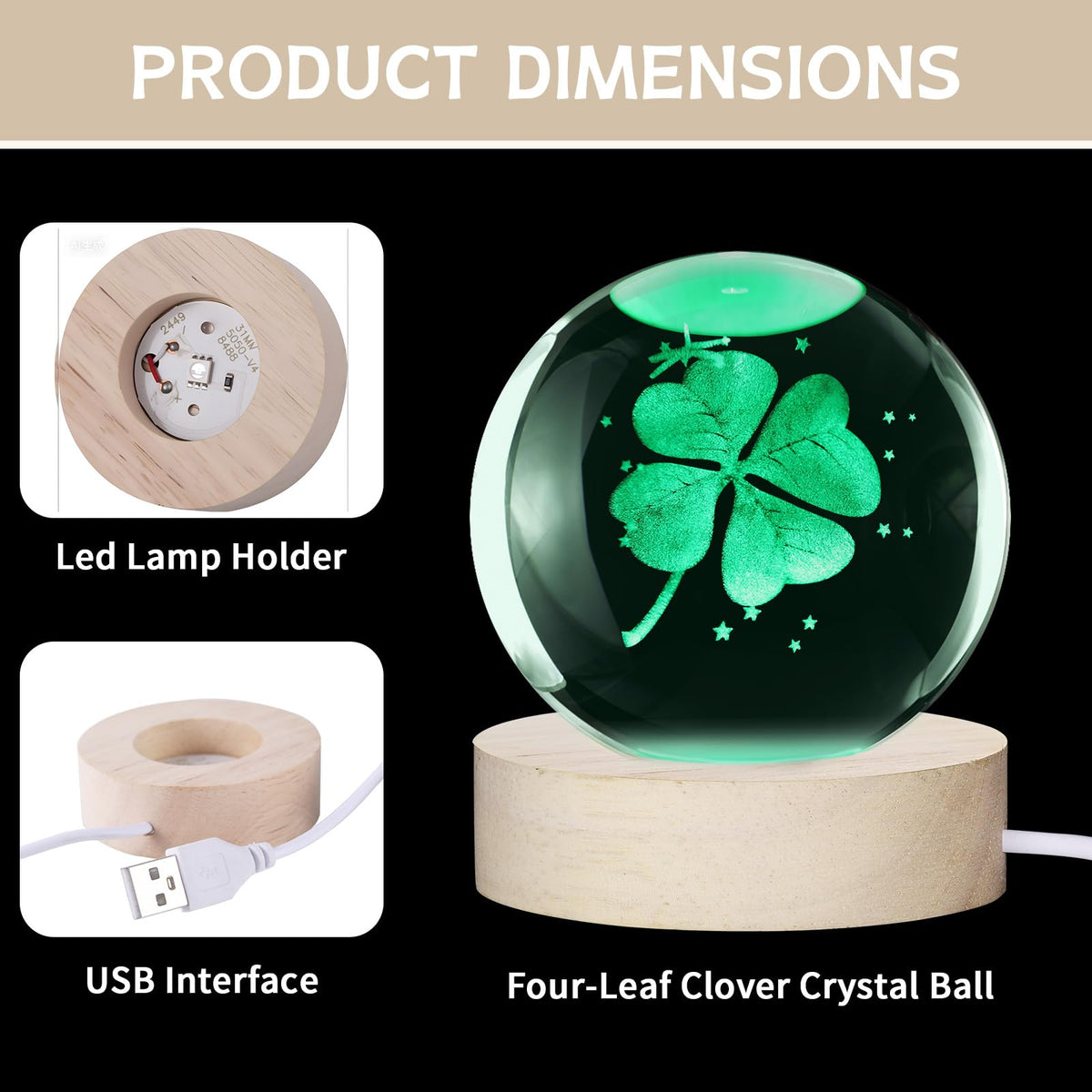 3D Four-Leaf Clover Crystal Ball, 7-Color LED Night Light 60mm