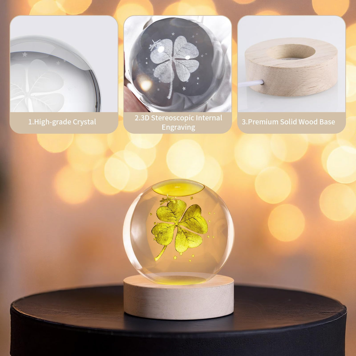 3D Four-Leaf Clover Crystal Ball, 7-Color LED Night Light 60mm