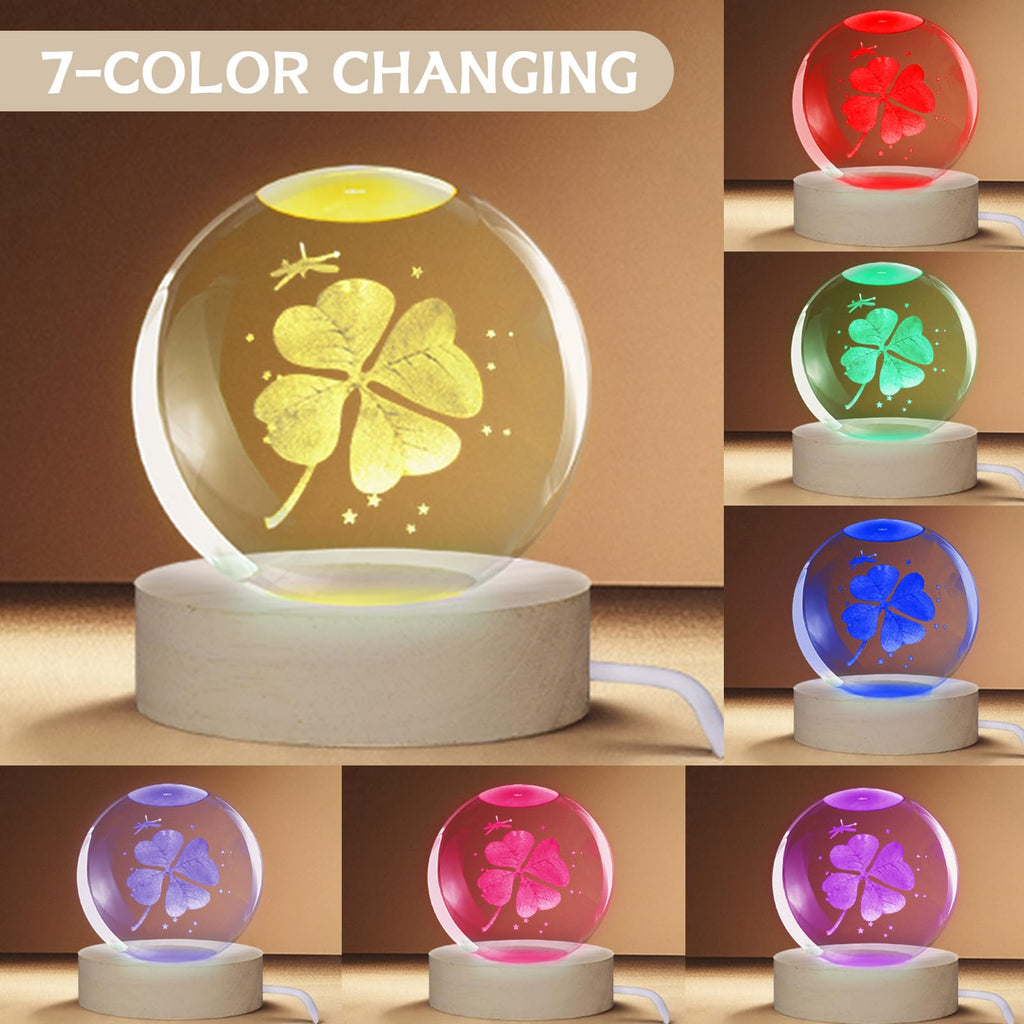 3D Four-Leaf Clover Crystal Ball, 7-Color LED Night Light 60mm