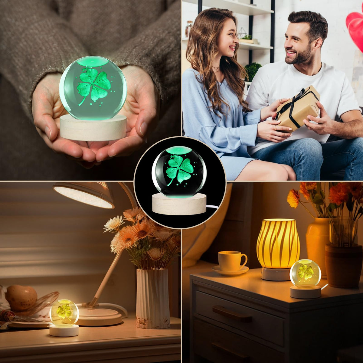 3D Four-Leaf Clover Crystal Ball, 7-Color LED Night Light 60mm
