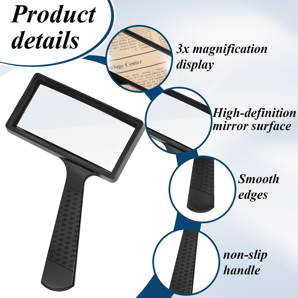 3X Magnifying Glass, Rectangle Reading Magnifier Large Handheld Magnifying Glasses Scratch Resistant Glass Lens for Observation Reading Hobbies Nature Exploration Repair