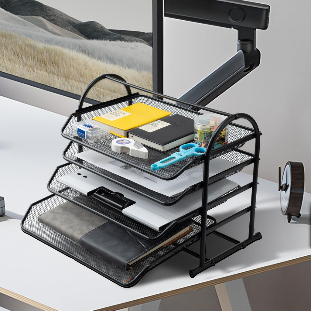 4-Tier Mesh Letter Tray Desk Organizer with Sliding Trays, Black