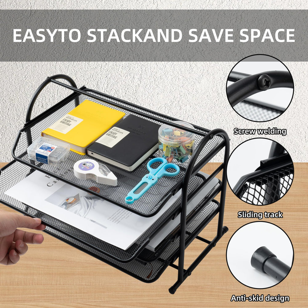 4-Tier Mesh Letter Tray Desk Organizer with Sliding Trays, Black