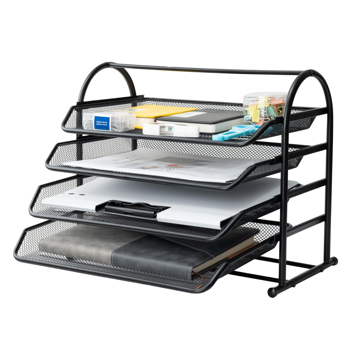 4-Tier Mesh Letter Tray Desk Organizer with Sliding Trays, Black