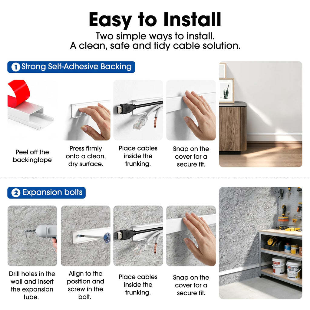 4M Cable Trunking Kit 30 x 15mm White Self-Adhesive Cable Tidy