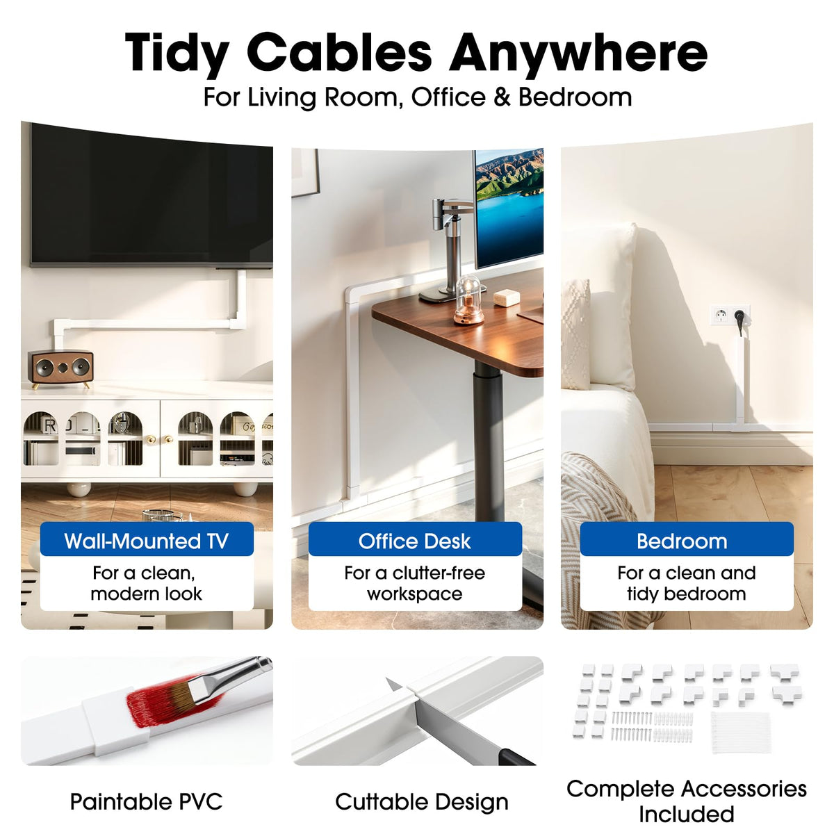 4M Cable Trunking Kit 30 x 15mm White Self-Adhesive Cable Tidy