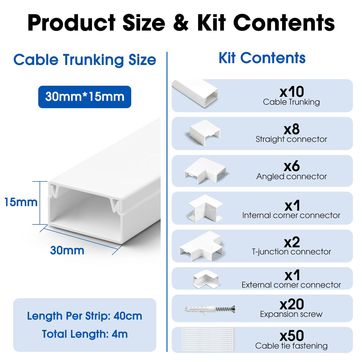 4M Cable Trunking Kit 30 x 15mm White Self-Adhesive Cable Tidy