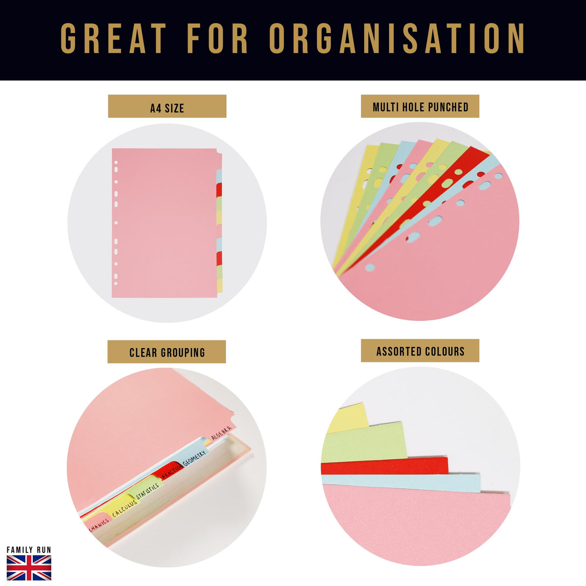 5-Pack A4 10-Part File Dividers with 50 Poly Pockets, 180gsm