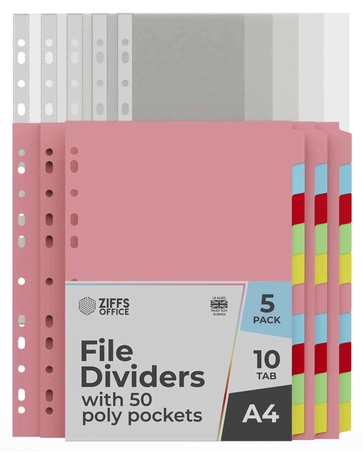 5-Pack A4 10-Part File Dividers with 50 Poly Pockets, 180gsm